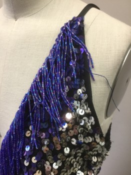 N/L, Royal Blue, Black, Silver, Polyester, Sequins, Abstract , Black Background with Silver and Royal Blue Sequins, Royal Blue Beaded Fringe, Spaghetti Straps, Padded Bust, Mini Length