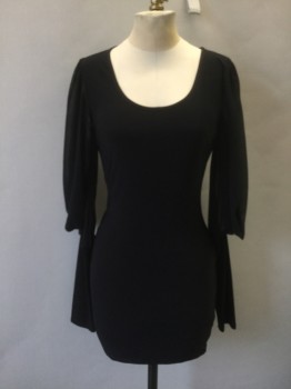 Womens, Dress, Long & 3/4 Sleeve, SYMPHONY, Black, Polyester, Solid, S, Scoop Neck, Mini Skirt, Sheer Gathered/Draped to Sleeve, Fitted Lower Sleeve
