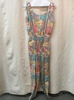 Womens, Jumpsuit, NO LABEL, Brown, Yellow, Pink, Dusty Blue, Turquoise Blue, Synthetic, Abstract , 24-28, B 36, Water Color Flowers. Round Neck,  V-back, Elastic Waist