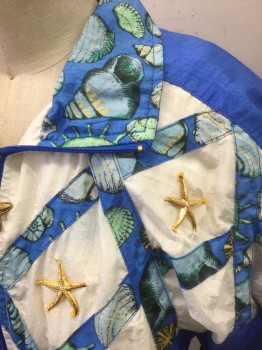 PETITE SOPHISTICATE, Blue, White, Mint Green, Gold, Nylon, Novelty Pattern, Windbreaker, Blue with Novelty Seashell Pattern Accents in Shades of Blue, Green, Etc, White V Shaped Panel at Center Front with Accent Patterned Fabric Forming Diagonal Diamond Lines, Zip Front, Padded Shoulders, Gold Metal Starfish Brooches & Zipper Pull, 2 Pockets, Late 1980's/Early 1990's