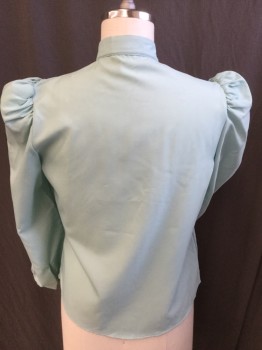 AVON FASHIONS, Mint Green, Polyester, Solid, 1" Crew Neck with Self Belt Loop Bow Tie, Yoke Front, Puffy Long Sleeves, Button Front, Curved Hem