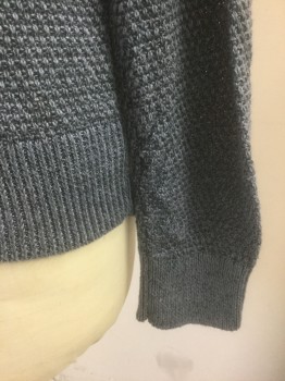 Womens, Pullover, CLUB MONACO, Slate Blue, Cotton, Solid, XS, Bumpy Textured Knit, Long Sleeves, Crew Neck, Ribbed Neck/Waist/Cuffs