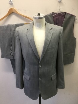 Mens, Suit, Vest, EFFETTI, Lt Gray, Gray, Wool, Herringbone, Stripes, 40R, 5 Buttons, 2 Adjustable Side Belts