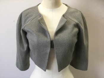 Womens, 1990s Vintage, Suit, Jacket, ELLEN TRACY, Putty/Khaki Gray, Charcoal Gray, Poly/Cotton, Houndstooth, B:34, Bolero, 3/4 Sleeve, Large Silver Clasp at Center Front Bust, Raglan Sleeve, Scoop Neck, Cropped Length,