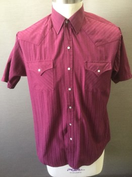 Mens, Western, ELY CATTLEMAN, Red Burgundy, Poly/Cotton, Stripes - Vertical , L, N:16.5, Self Vertical Stripe and Vertical Diamond Stripes, Short Sleeves, Collar Attached, Snap Front, 2 Flap Pockets with Snap Closures, Western Style Yoke/Styling