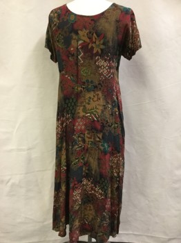 ALL THAT JAZZ, Lt Brown, Rust Orange, Gray, Cranberry Red, Green, Rayon, Floral, Geometric, Round Neck,  Short Sleeves, 3/4 Length, Flair Bottom