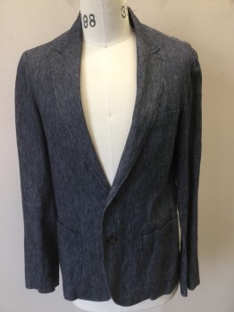 Mens, Sportcoat/Blazer, VINCE, Denim Blue, Linen, Cotton, Solid, 36 R, Notched Lapel, 2 Button Front, Patch Pockets