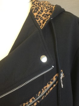 Womens, Casual Jacket, INC, Black, Brown, Cotton, Polyester, Solid, Animal Print, L, Asymmetrical Zip Front, Cheetah Print on Hood and Zipper Pockets