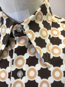 MONTGOMERY WARD, Brown, Beige, White, Acetate, Nylon, Geometric, Brown with Beige and White Circles and O's Pattern Qiana, Long Sleeve Button Front, Collar Attached, 1 Patch Pocket,