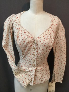 MTO, Cream, Lt Brown, Dk Red, Coral Orange, Cotton, Polyester, Floral, Dots, Cream with Tiny Light Brown Abstract Dots & Dark Red W/coral Small Floral Print, Small Cream Lace Princess V-neck & Long Sleeves Trim, Brown Wooden Button Front,