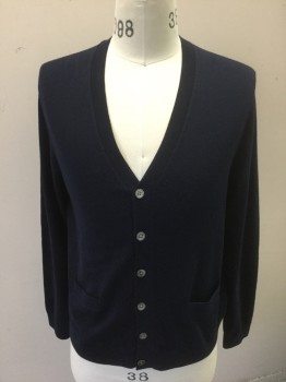 Mens, Cardigan Sweater, BROOKS BROTHERS, Navy Blue, Wool, Solid, M, 346, Knit, Long Sleeves, Button Front, V-neck, 2 Patch Pockets