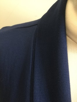 LIZ CLAIBORNE, Navy Blue, Rayon, Spandex, Solid, Jersey Knit, Long Sleeves, Rib Knit at Shawl Opening, Open at Center Front with No Closures, High/Low Hemline