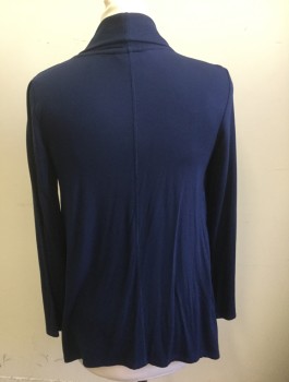 LIZ CLAIBORNE, Navy Blue, Rayon, Spandex, Solid, Jersey Knit, Long Sleeves, Rib Knit at Shawl Opening, Open at Center Front with No Closures, High/Low Hemline