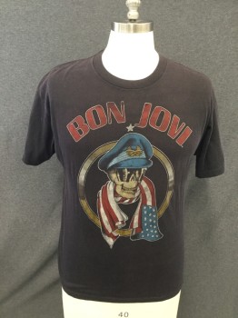 Mens, T-shirt, SNEAKERS, Faded Black, Poly/Cotton, Graphic, L, C:42, Solid Short Sleeves, "Bon Jovi" Skull Graphic Front, "We Came We Saw We Kicked Your Ass" Graphic Back