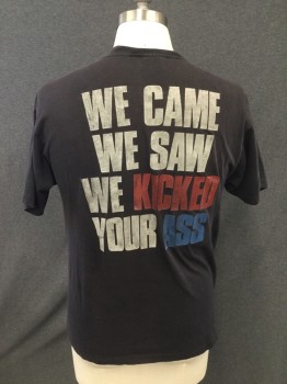 Mens, T-shirt, SNEAKERS, Faded Black, Poly/Cotton, Graphic, L, C:42, Solid Short Sleeves, "Bon Jovi" Skull Graphic Front, "We Came We Saw We Kicked Your Ass" Graphic Back