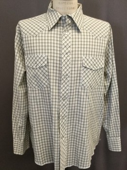WRANGLER, White, Mint Green, Olive Green, Tan Brown, Cotton, Plaid, Collar Attached, Snap Front, Long Sleeves, Western Pocket,