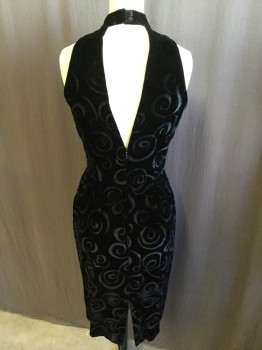 Womens, Cocktail Dress, LIZ CLAIBORNE, Black, Acetate, Rayon, Abstract , 24, 32, Black Velvet, Abstract, Mandrin Collar Attached with 2 Button at Back Neck,  Sleeveless, 2 Pockets, Cutout Triangle Back with Zip Back, Split Center Bottom, NO BELT