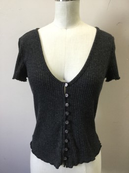 Womens, Top, SADIE & SAGE, Dk Gray, Rayon, Polyester, Heathered, S, Ribbed Knit, Loop Button Front, Scoop Neck, Short Sleeves, Overlock Edges