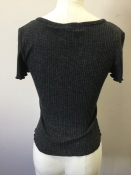 Womens, Top, SADIE & SAGE, Dk Gray, Rayon, Polyester, Heathered, S, Ribbed Knit, Loop Button Front, Scoop Neck, Short Sleeves, Overlock Edges