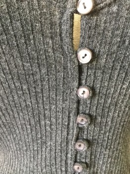 SADIE & SAGE, Dk Gray, Rayon, Polyester, Heathered, Ribbed Knit, Loop Button Front, Scoop Neck, Short Sleeves, Overlock Edges