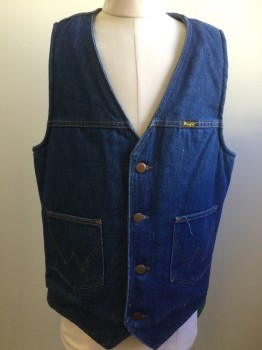 Mens, Vest, WRANGLER, Blue, Ecru, Cotton, Polyester, Solid, 34, Small, Button Front, 2 Patch Pockets, Faux Sheerling, Denim