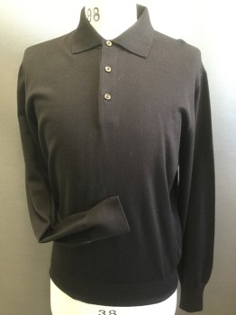Mens, Pullover Sweater, CAROLL & CO, Dk Umber Brn, Wool, Solid, Medium, Long Sleeves, Collar Attached, 3 Buttons,  Knit,