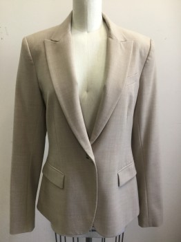 Womens, Suit, Jacket, THEORY, Beige, Polyester, Wool, Solid, B36, 8, Single Breasted, 1 Button, Peaked Lapel, 3 Pockets, Center Back Vent,