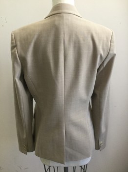 THEORY, Beige, Polyester, Wool, Solid, Single Breasted, 1 Button, Peaked Lapel, 3 Pockets, Center Back Vent,