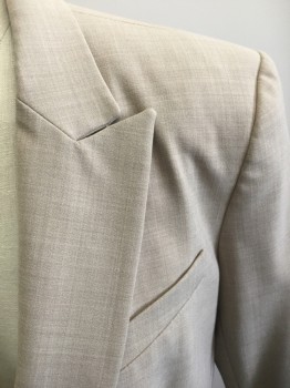 THEORY, Beige, Polyester, Wool, Solid, Single Breasted, 1 Button, Peaked Lapel, 3 Pockets, Center Back Vent,