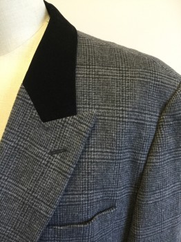 FALCONE, Gray, Black, Polyester, Rayon, Plaid, Double Breasted, Solid Black Velvet Collar Attached, Peaked Lapel, 3 Pockets, Calf Length