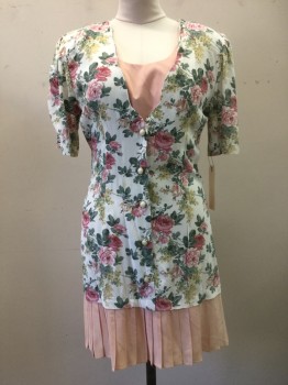 VICTORIA ASHLEY, White, Green, Mauve Purple, Beige, Lt Pink, Acetate, Rayon, Solid, Floral, S/S, Button Front, V-neck, with Light Pink Dress Underneath, Accordion Pleated Hem, Boxy Fit, Hem Above Knee