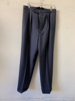 MTO, Navy Blue, Wool, Heathered, Stripes - Pin, Pleated Front, Button Fly, Button Tab Closure, Waistband Only in Front, 2 Pockets, Cuffed Hem
