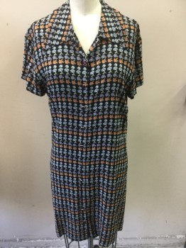 EXPRESS, Black, Steel Blue, Periwinkle Blue, Dusty Blue, Orange, Rayon, Floral, Button Front, Short Sleeves, Collar Attached, Red with Silver Rim Buttons