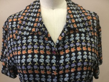 EXPRESS, Black, Steel Blue, Periwinkle Blue, Dusty Blue, Orange, Rayon, Floral, Button Front, Short Sleeves, Collar Attached, Red with Silver Rim Buttons