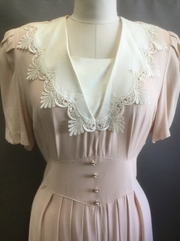 S.L. FASHIONS, Ballet Pink, Acetate, Rayon, Solid, Crepe, Off White Collar & Modesty Panel with Cream Battenburg Lace, Puffy Short Sleeves, Padded Shoulders, 4 Buttons at Diamond Shaped Waist Yoke, Hem Mid-calf