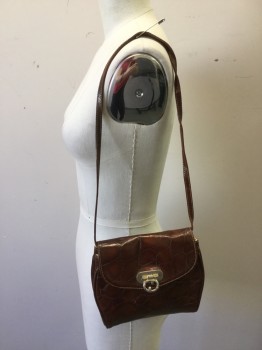 FURLA, Brown, Leather, Animal Print, Brown Croc Pattern Leather, Shoulder Strap (detachable with Snaps), Flap with Gold Hardware