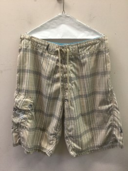 Mens, Swim Trunks, BODY GLOVE, Beige, Navy Blue, White, Turquoise Blue, Polyester, Grid , Abstract , W:34, Beige with Navy, White and Turquoise Perpendicular Lines with Assorted Spacing, Beige Cord Laces at Center Front Waist, 1 Side Cargo Pocket, 11" Inseam