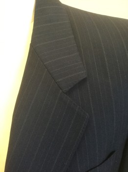 Mens, Suit, Jacket, MALIBU CLOTHES, Navy Blue, Lt Gray, Wool, Stripes - Pin, 40, Navy with Light Gray Pinstripes, Single Breasted, Notched Lapel, 2 Buttons, 3 Pockets, Solid Black Lining