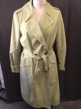 Womens, Coat, Trenchcoat, ELLEN TRACY, Chartreuse Green, Polyester, Solid, XL, Peaked Lapel, Double Breasted, Pocket Flap, Epaulet , Belt