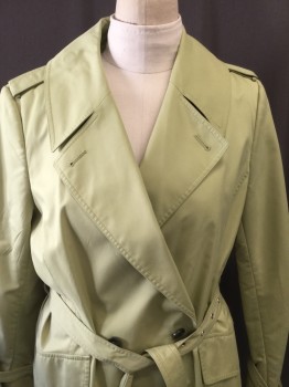 Womens, Coat, Trenchcoat, ELLEN TRACY, Chartreuse Green, Polyester, Solid, XL, Peaked Lapel, Double Breasted, Pocket Flap, Epaulet , Belt