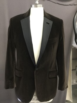 Mens, Sportcoat/Blazer, TED BAKER, Espresso Brown, Black, Cotton, Solid, 42 R, Velvet Body with Black Notched Lapel, Pocket Flap, Purple and Black Lining