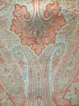 NL, Red, Green, Wool, Paisley/Swirls, Square Paisley Woven Shawl in Muted Reds and Greens, Self Fringe on Two Sides. Repairs Done in Center of Shawl. Also Hole in Center of Shawl, in Fragile State,