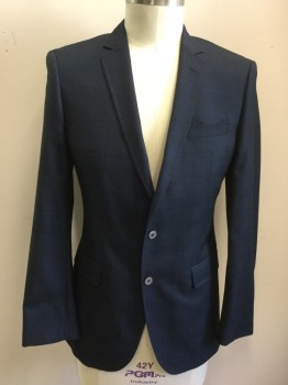 Mens, Sportcoat/Blazer, HUGO BOSS, Navy Blue, Black, Wool, Plaid, 40L, Single Breasted, Notched Lapel, Hand Picked Collar/Lapel, 2 Buttons, 3 Pockets, Altered to Fit Smaller