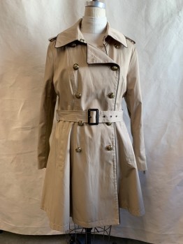 Womens, Coat, Trenchcoat, BCBGENERATION, Tan Brown, Cotton, Polyester, Solid, XL, Double Breasted, Rounded Gold Buttons, Large Collar Attached, Notched Lapel, Dark Brown Leather Trim, 2 Pockets, Back Yoke, Self Belt, Knit Under Sleeve Panel, Zip Up Cuff, Epaulets