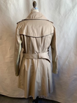 Womens, Coat, Trenchcoat, BCBGENERATION, Tan Brown, Cotton, Polyester, Solid, XL, Double Breasted, Rounded Gold Buttons, Large Collar Attached, Notched Lapel, Dark Brown Leather Trim, 2 Pockets, Back Yoke, Self Belt, Knit Under Sleeve Panel, Zip Up Cuff, Epaulets