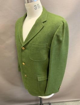 Mens, Blazer/Sport Co, WYNBRIER, Avocado Green, Linen, Solid, 40S, Single Breasted, Notched Lapel, 3 Gold Buttons, 3 Patch Pockets with Flaps,