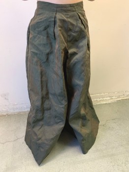 N/L MTO, Olive Green, Copper Metallic, Silk, 2 Color Weave, Looks Like a Skirt, But It's Pants! Wide Legs, Changeable Bumpy Textured Fabric, Large Box Pleats at Waist, Hook & Eye and Zip Closure, Floor Length, Made To Order