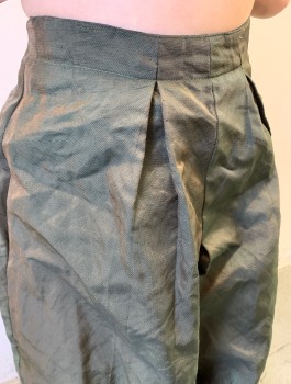 N/L MTO, Olive Green, Copper Metallic, Silk, 2 Color Weave, Looks Like a Skirt, But It's Pants! Wide Legs, Changeable Bumpy Textured Fabric, Large Box Pleats at Waist, Hook & Eye and Zip Closure, Floor Length, Made To Order