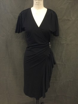 RIMINI, Black, Polyester, Solid, Wrap Dress, Gathered a Shoulder with Flutter Sleeves, Rhinestone Shoulder Trim, Gathered at Side, Rhinestone Button Loop Side Closure, Pleated Ruffle Trim, Hem Below Knee