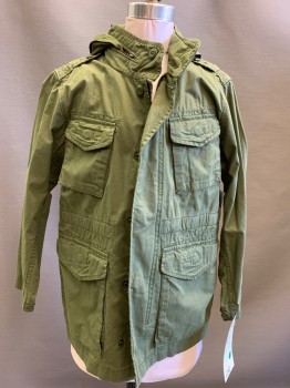 GAP, Green, Cotton, Solid, Stand Collar with Zipper and Hidden Hood, Zipper and Snap Front, 4 Patch Flap Pockets, Epaulets